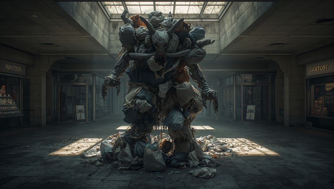 Trash-Bag Humanoid Sculpture Looming Under Skylight in Deserted Mall Concourse
