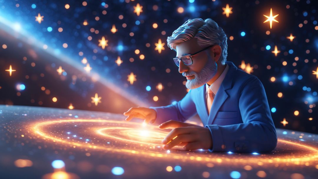 Senior astrophysicist examining holographic galaxy in futuristic lab