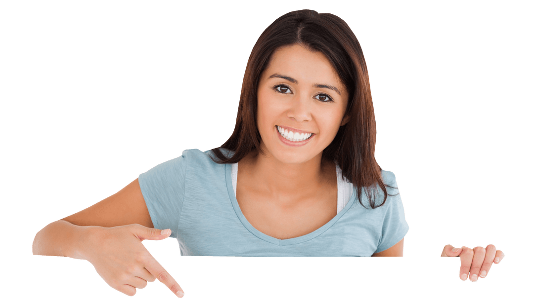 Smiling Woman Stands With Blanked-Out Card Area in Transparent Setting