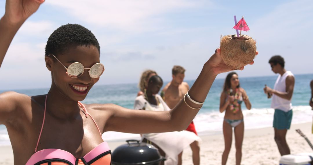 Joyful Beach Dance Party with Refreshing Coconut Drink
