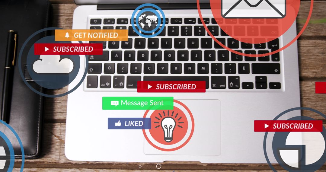 Digital Communication Icons Hover Over Laptop on Desk