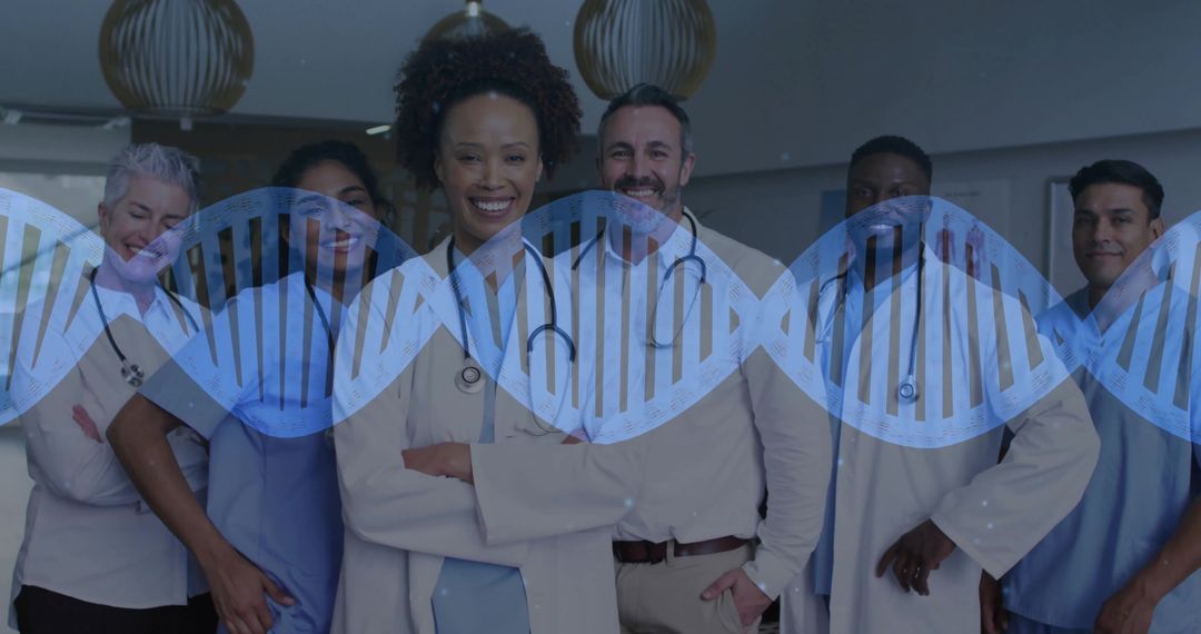 Diverse medical team collaborating on genomics research with DNA double helix overlay