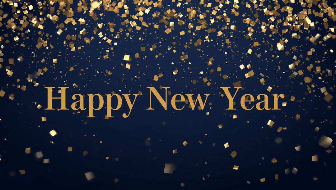 Luxurious Gold Confetti Happy New Year Typography on Deep Navy Background for Celebrations