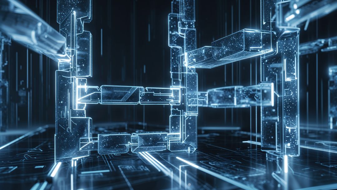 Futuristic Neon Lit 3D Grid with Digital Data Streams