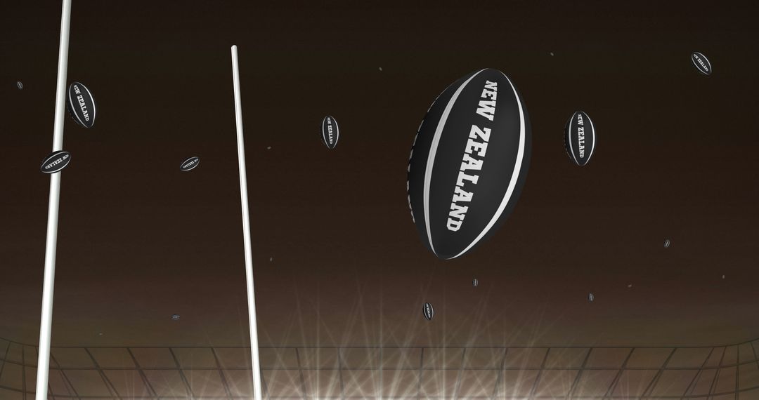 Floating Black Rugby Balls with New Zealand Text at Stadium