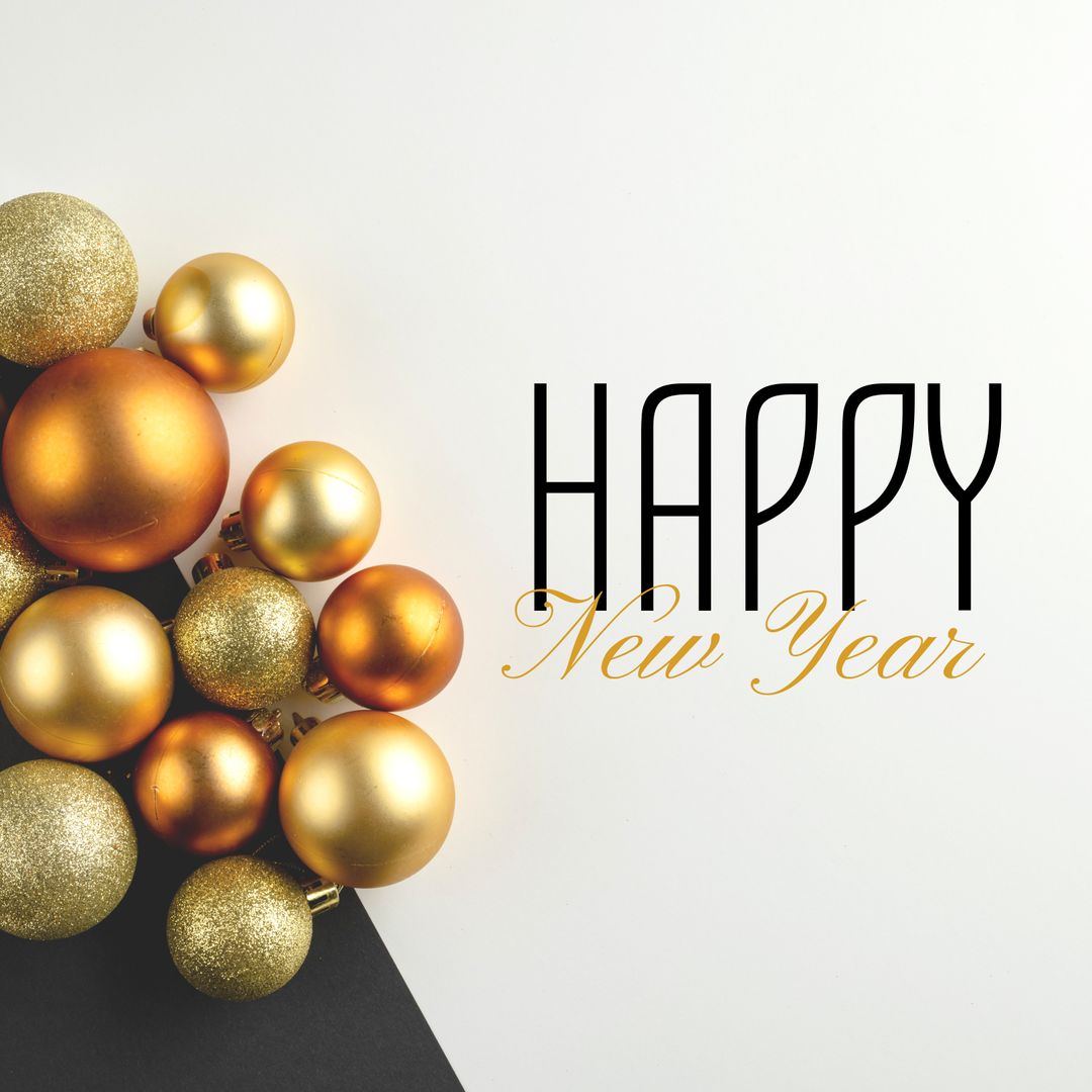 Elegant Happy New Year Greeting with Gold Baubles