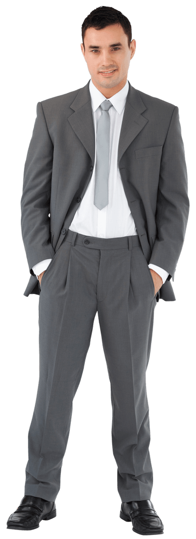 Confident Young Businessman in Gray Suit on Transparent Background