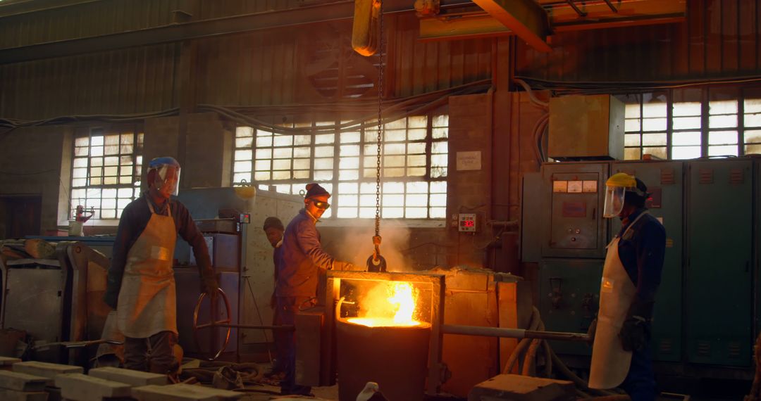 Workers Pouring Molten Metal in Industrial Foundry - Free Images, Stock Photos and Pictures on Pikwizard.com