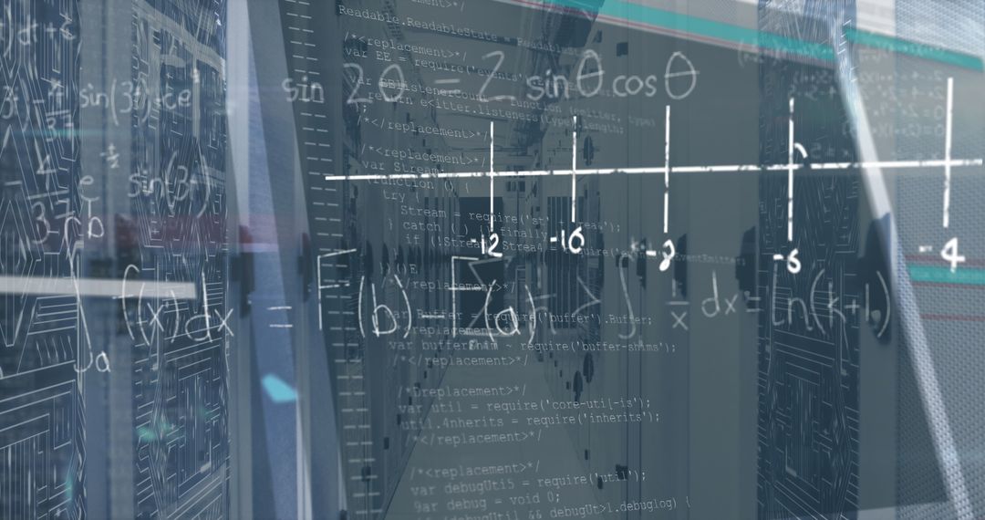 Futuristic Data Center with Code Overlay and Network Infrastructure