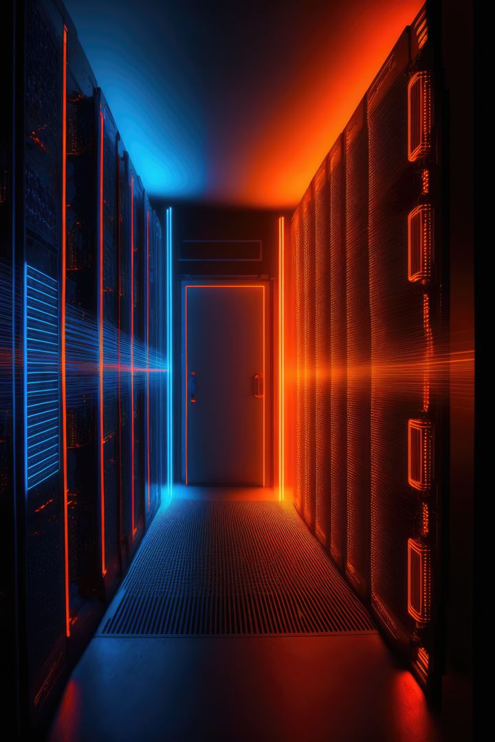 Futuristic Data Center Aisle with Orange and Blue Lighting - Free Images, Stock Photos and Pictures on Pikwizard.com