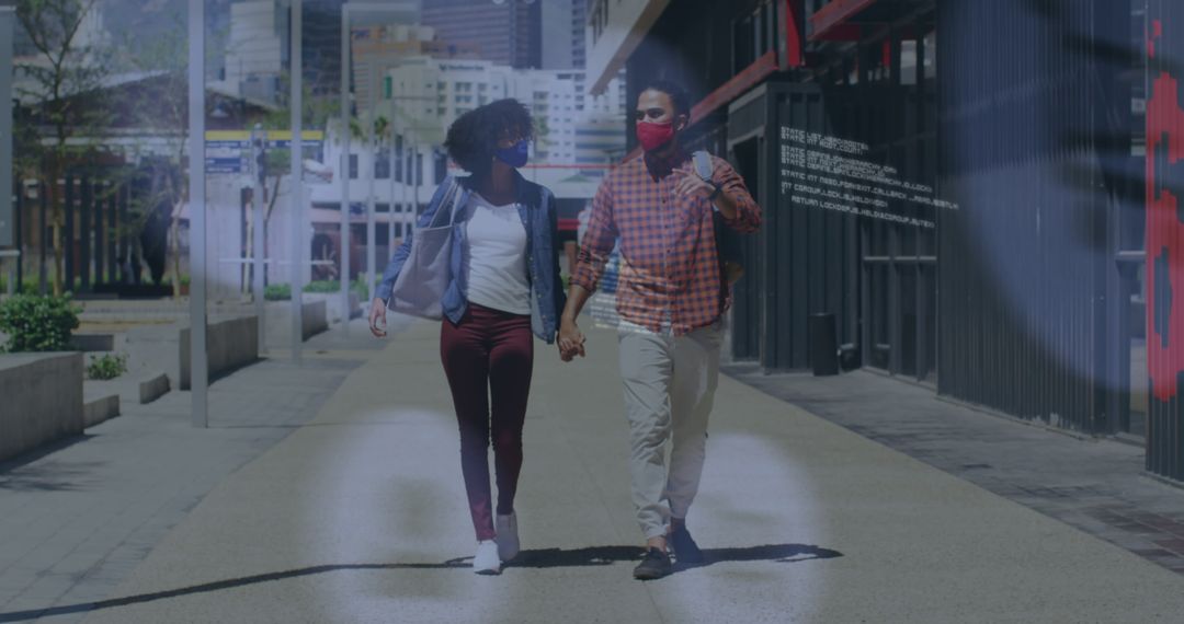 Couple Walking with Social Media Network Overlay