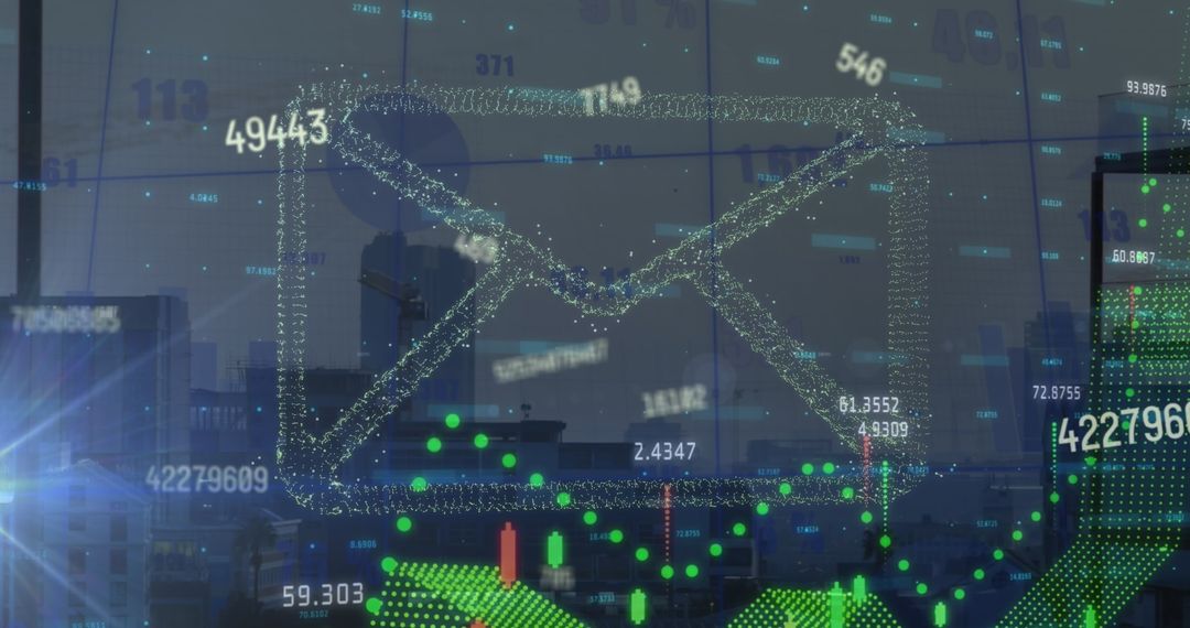 Digital Email Icon Superimposed Over Urban Cityscape with Charts