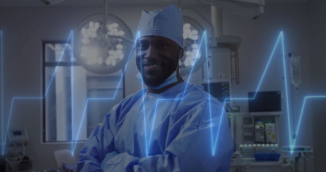 Surgeon in Operating Room with Cardiograph Overlay and Modern Tech