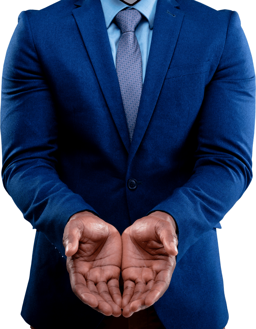 Transparent Business Gesture with Empty Hands and Blue Suit