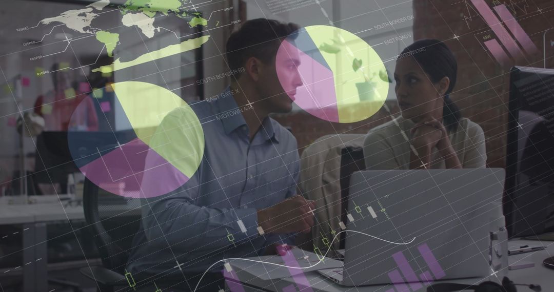 Business Team Discussing Data with Overlayed Charts in Office