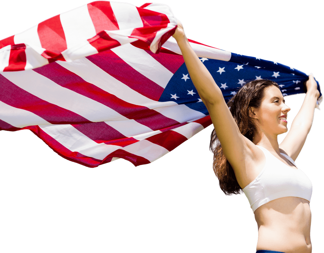 Joyful Sportswoman Embracing USA Flag with Transparent Background