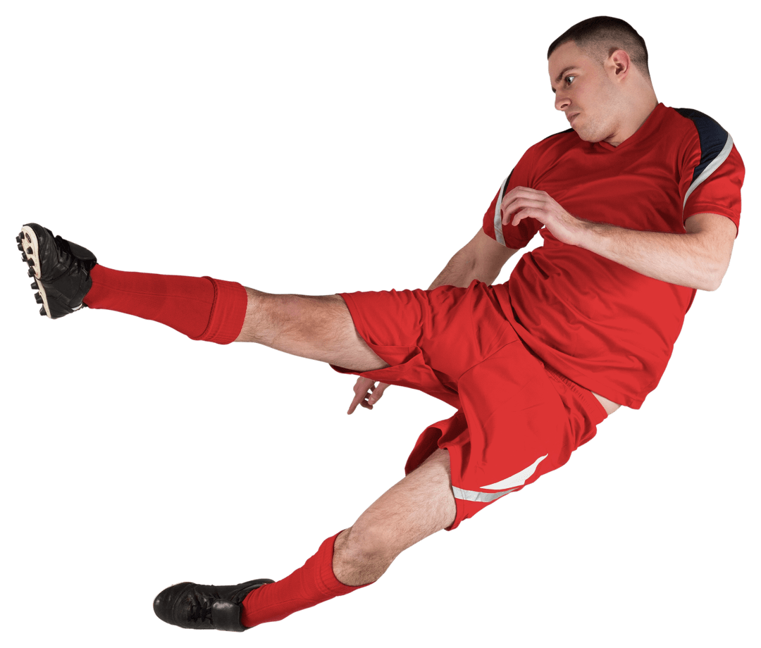 Dynamic Football Player Kicking Ball Isolated on Transparent Background
