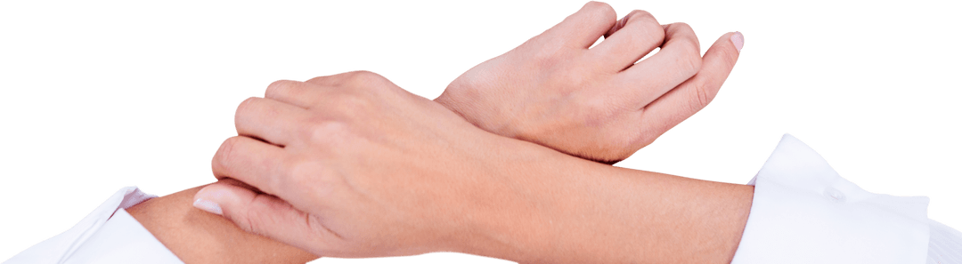 Transparent hands crossed in business attire over white background