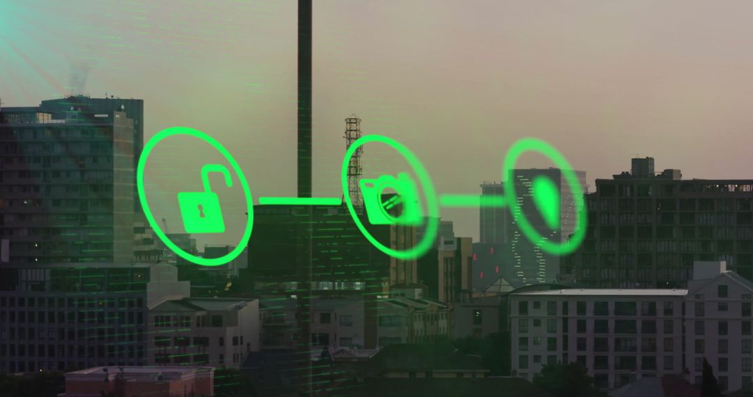 Digital Security and Network Concept with Cityscape Background