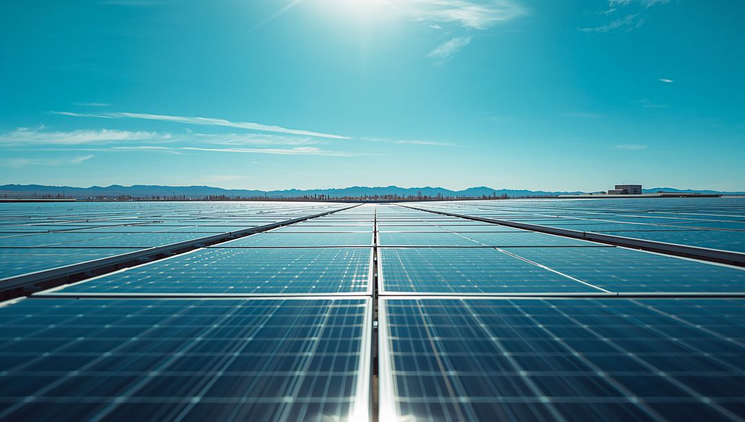 Wide Solar Farm on Desert Plain with Shining Panels