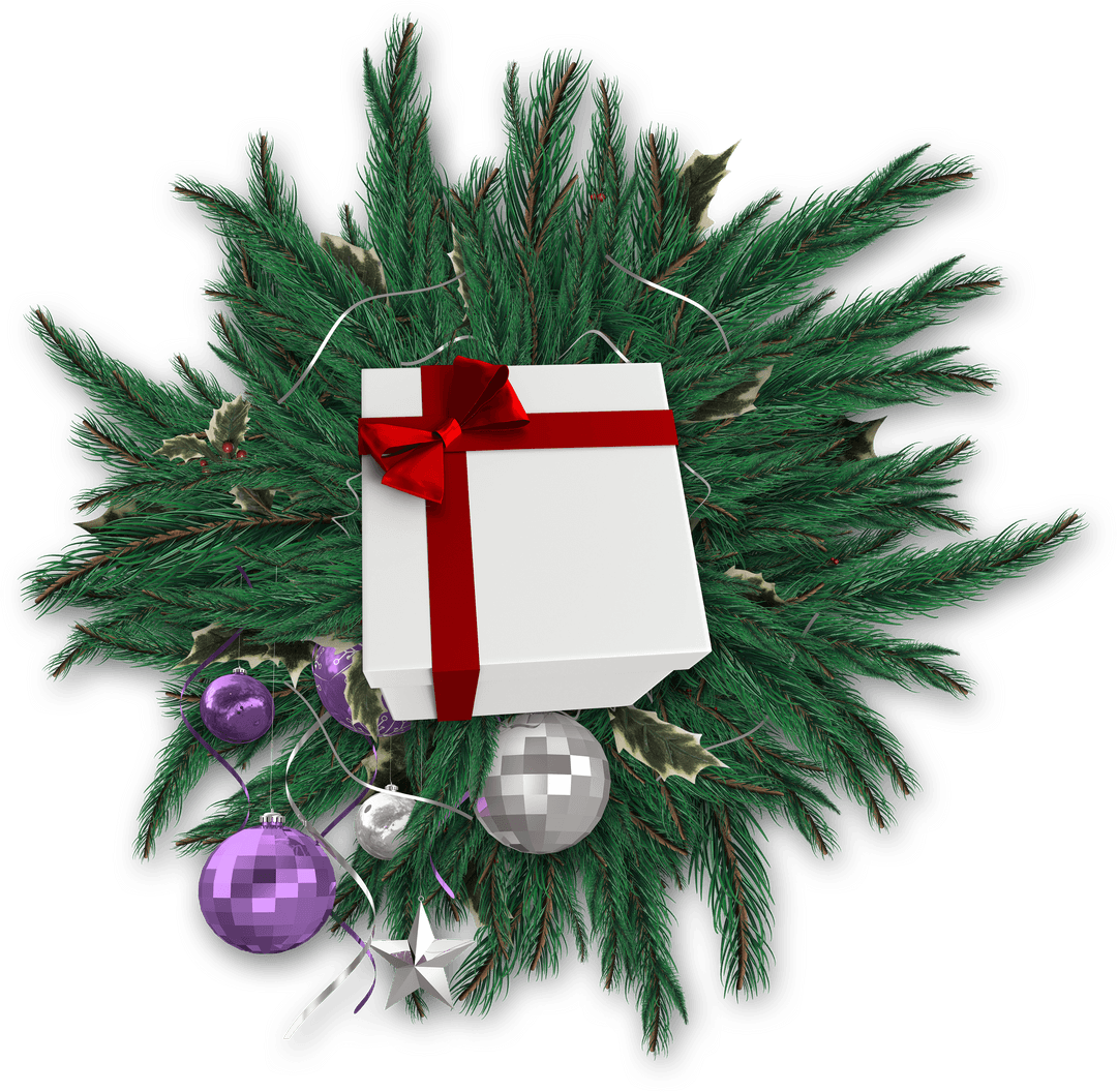 Festive Fir Wreath with Gift Box and Baubles on Christmas Theme Transparent Background