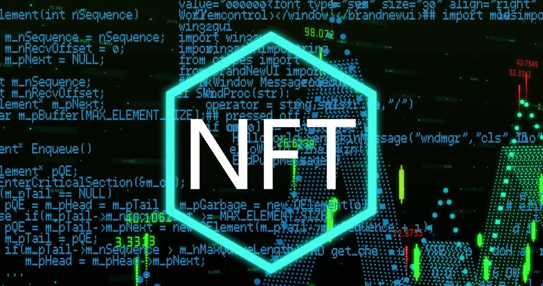 NFT Hexagon Over Digital Cryptocurrency Code Background