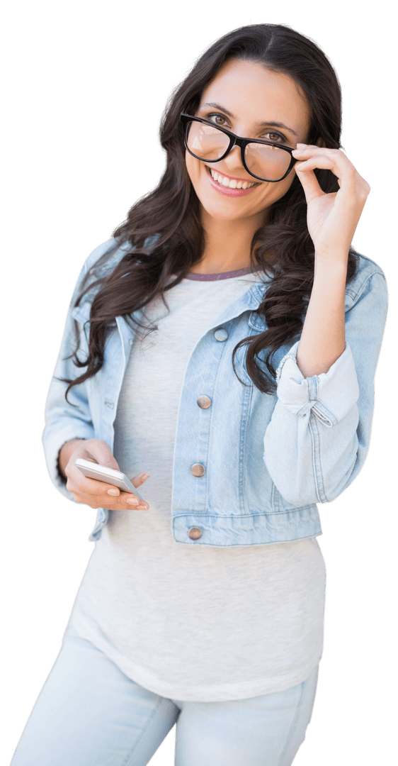 Happy Woman with Smartphone on Transparent Background