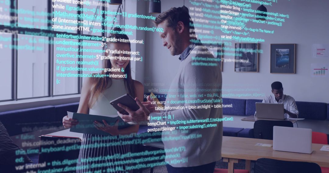 Professionals Collaborating Over Tablet and Prints with Code Overlay in Modern Office