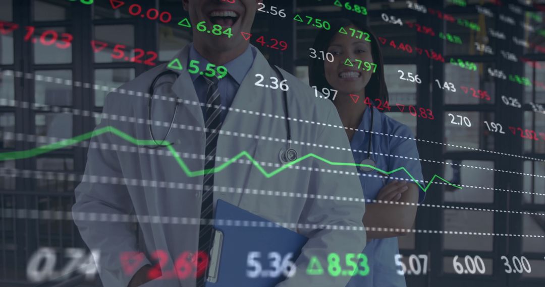 Medical Professionals Analyzing Data with Stock Graph Overlay