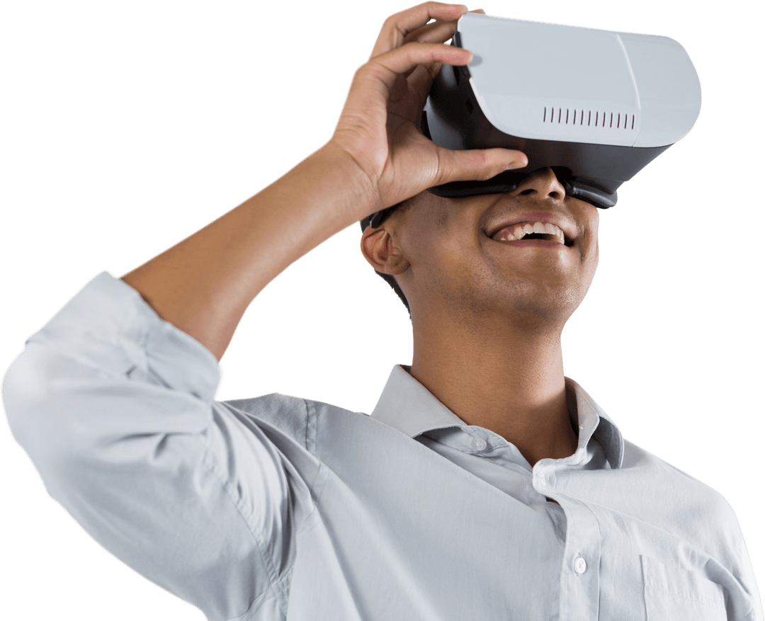 Smiling Man Engaging with Transparent Virtual Reality Headset Innovation