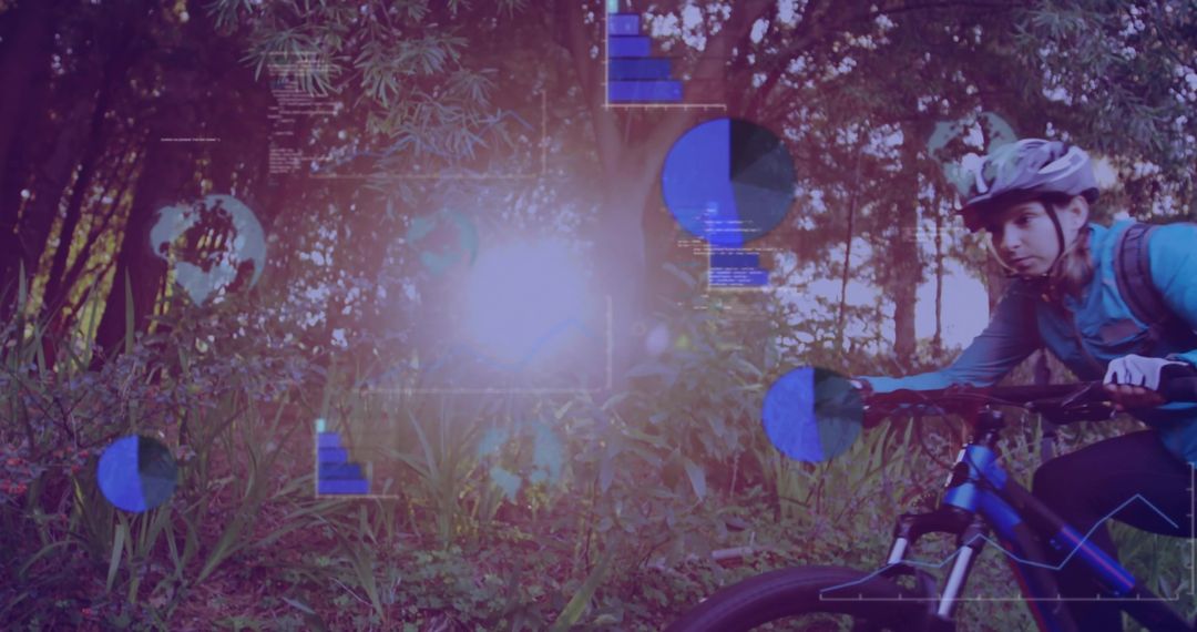 Cyclist Navigating Nature Trail with Data Overlay Highlighting Adventure