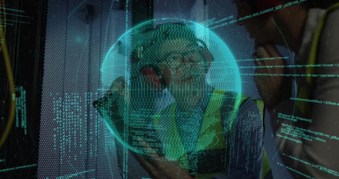 Mature Man with Handset Amid Servers and Holographic Globe in Network Room