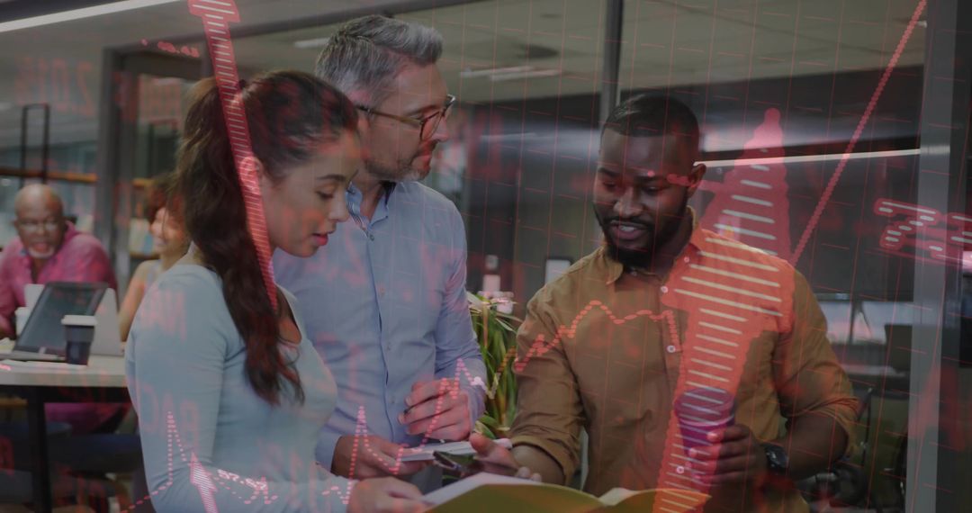 Team Collaboration with Stock Market Data Overlay in Open-Plan Office