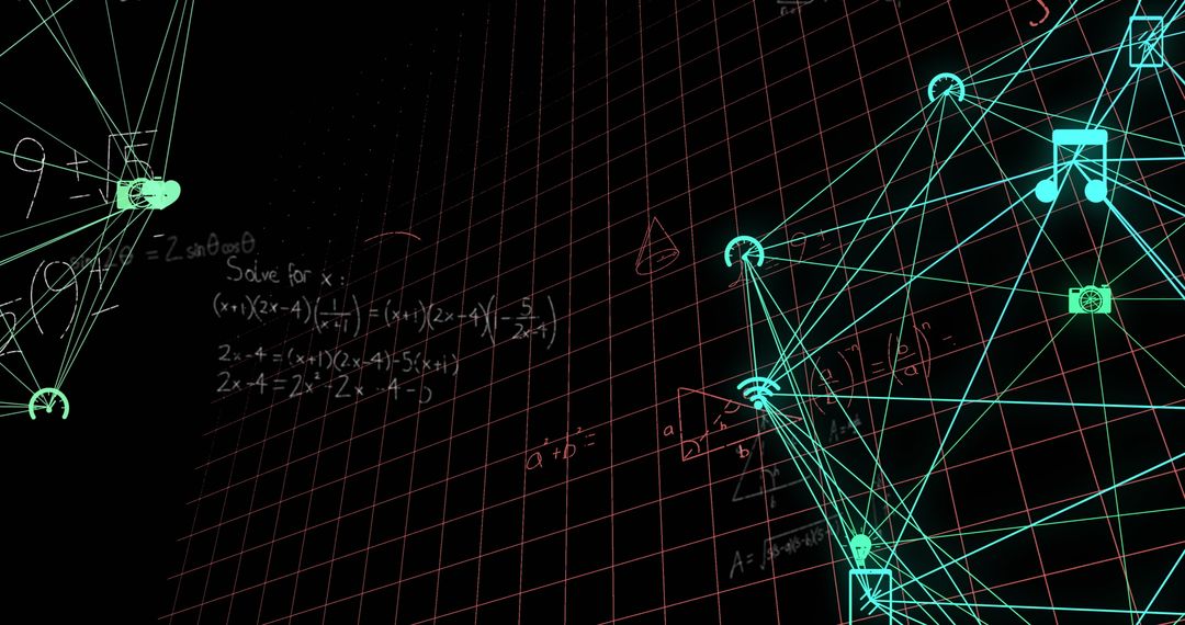Digital Interface Overlay with Mathematical Equations and Media Icons