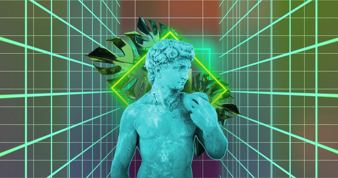 Digital Fusion: Classical Statue with Futuristic Grid