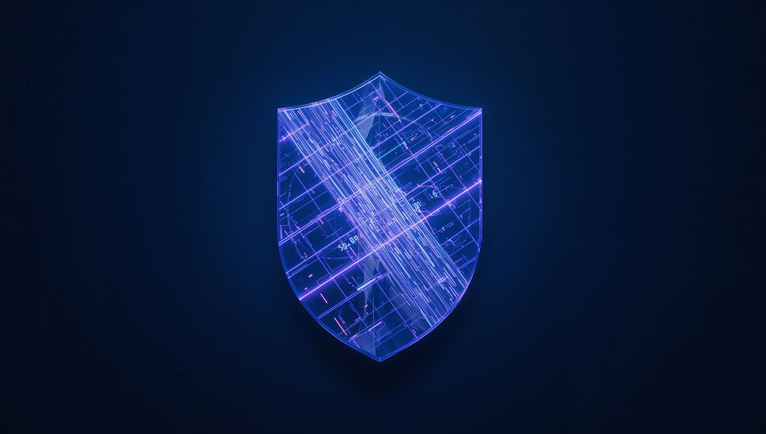 Futuristic Neon Digital Shield Symbolizing Cybersecurity in Dark Space