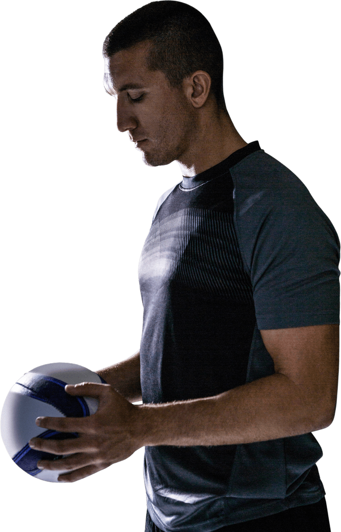 Transparent Rugby Player Holding Ball in Thoughtful Pose