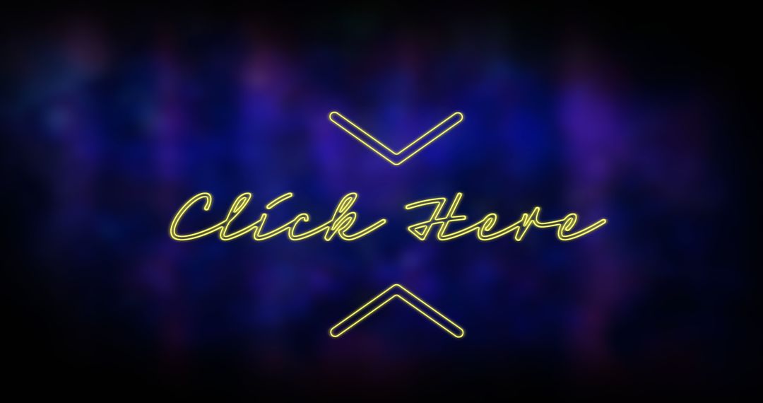 Neon Click Here Banner with Arrows on Blue Background