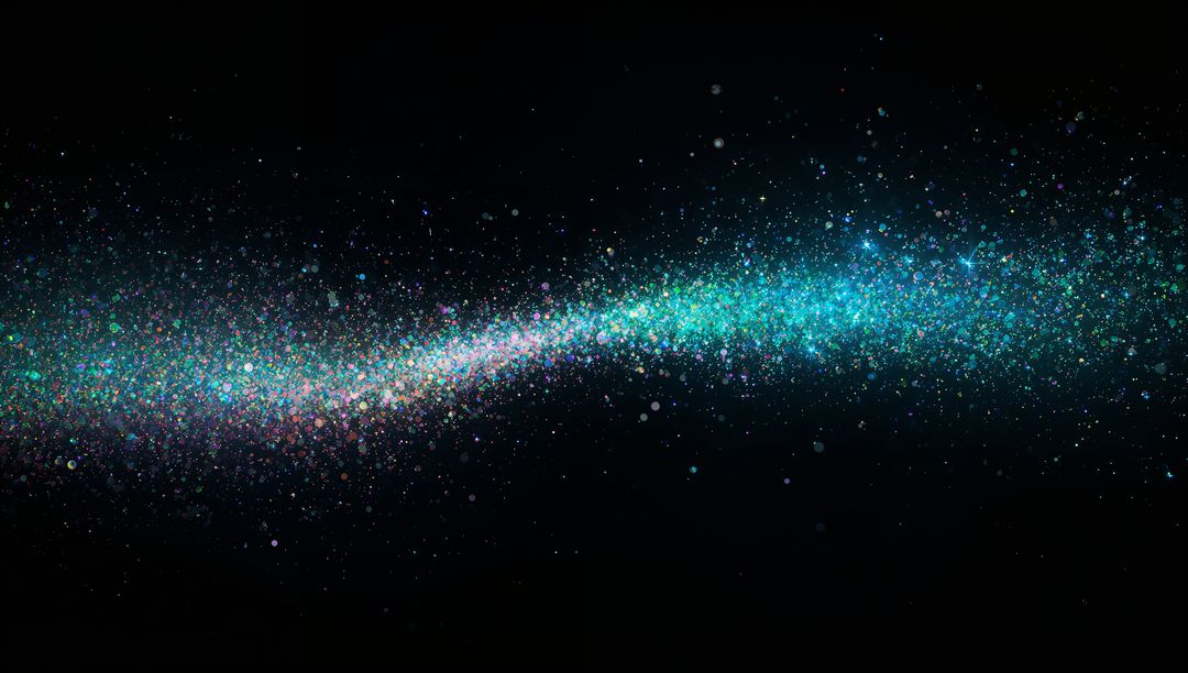 Streaming Neon Particle Band Arcing Across Deep Black Void with Glittering Bokeh Trail