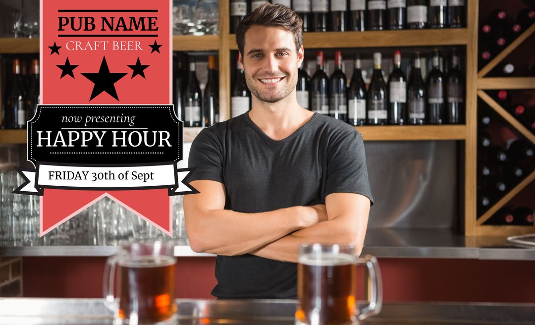 Happy Hour Promotion with Smiling Bartender in Rustic Setting