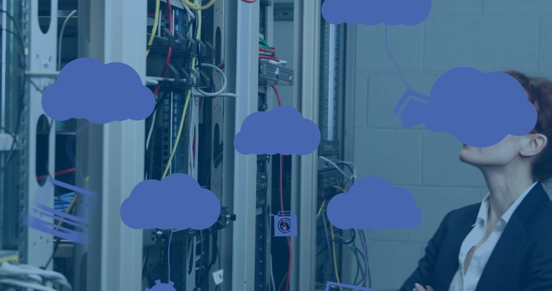 Digital Interface Clouds Overlay in Server Room Inspection