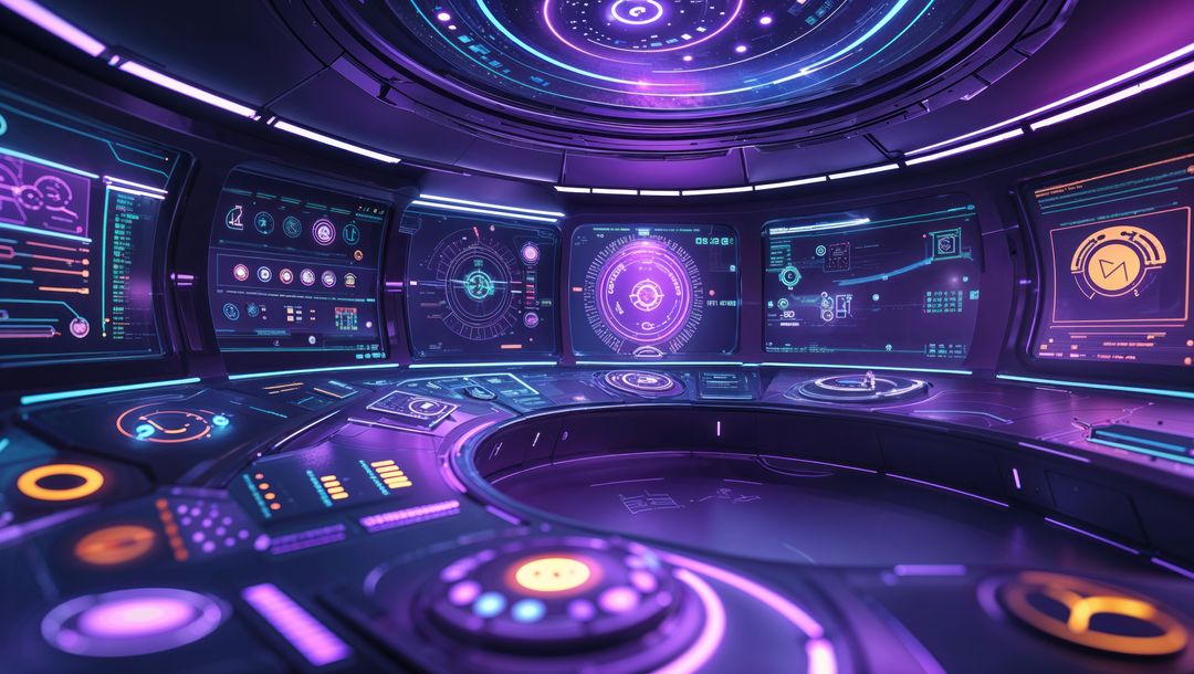 Futuristic Spacecraft Bridge with Curved Console and Holographic Displays