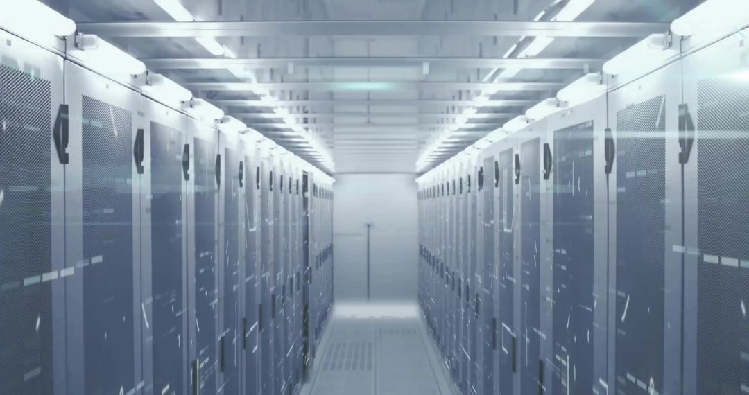 Futuristic Data Center Aisle with Blinking Server Lights