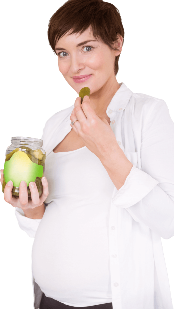 Pregnant Woman Eating Pickle with Transparent Background