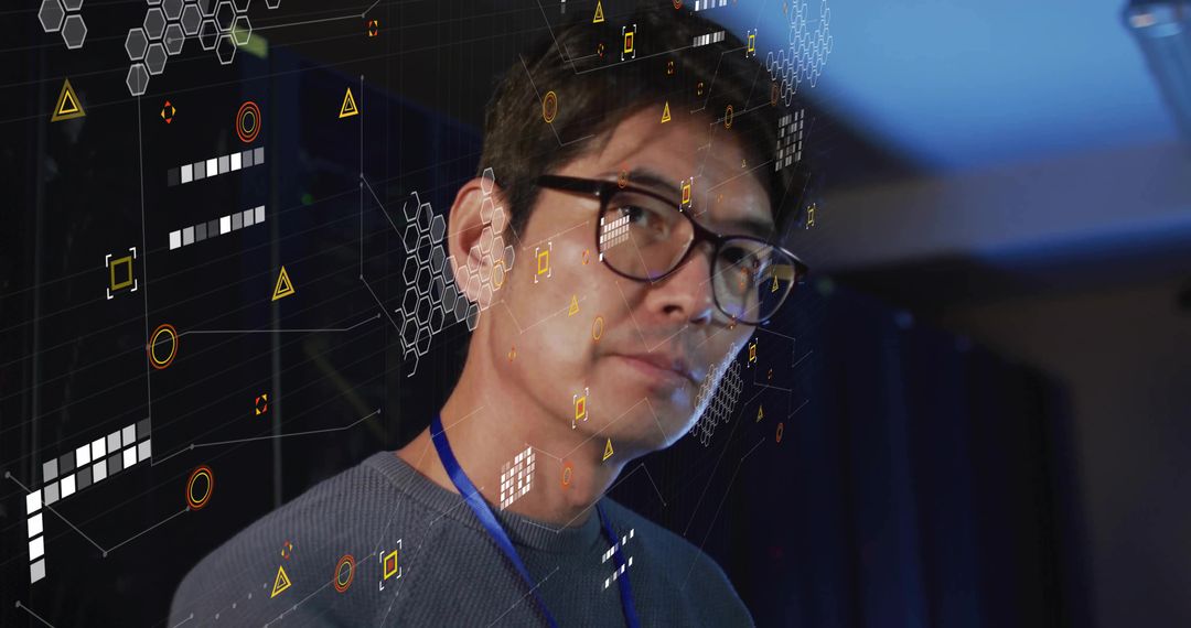 Korean Presenter Analyzing Holographic Data with Futuristic HUD at Conference