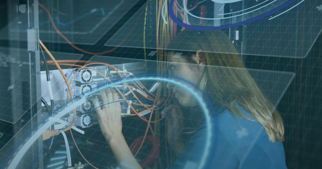 Engineer Managing Data Servers with Futuristic Interface Overlay