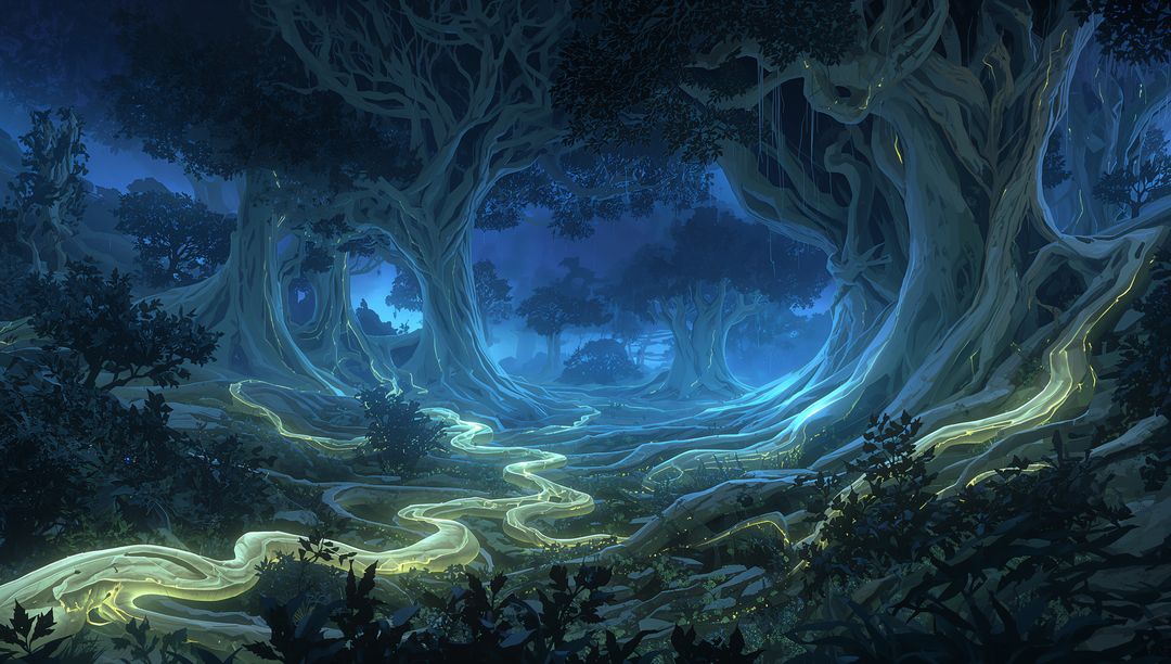 Bioluminescent Ribbon Glowing Through Moonlit Ancient Forest Winding Between Roots