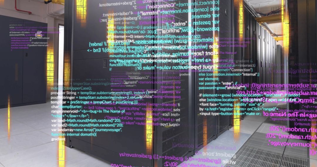 Digital Code Overlay on Modern Server Room for Data Processing