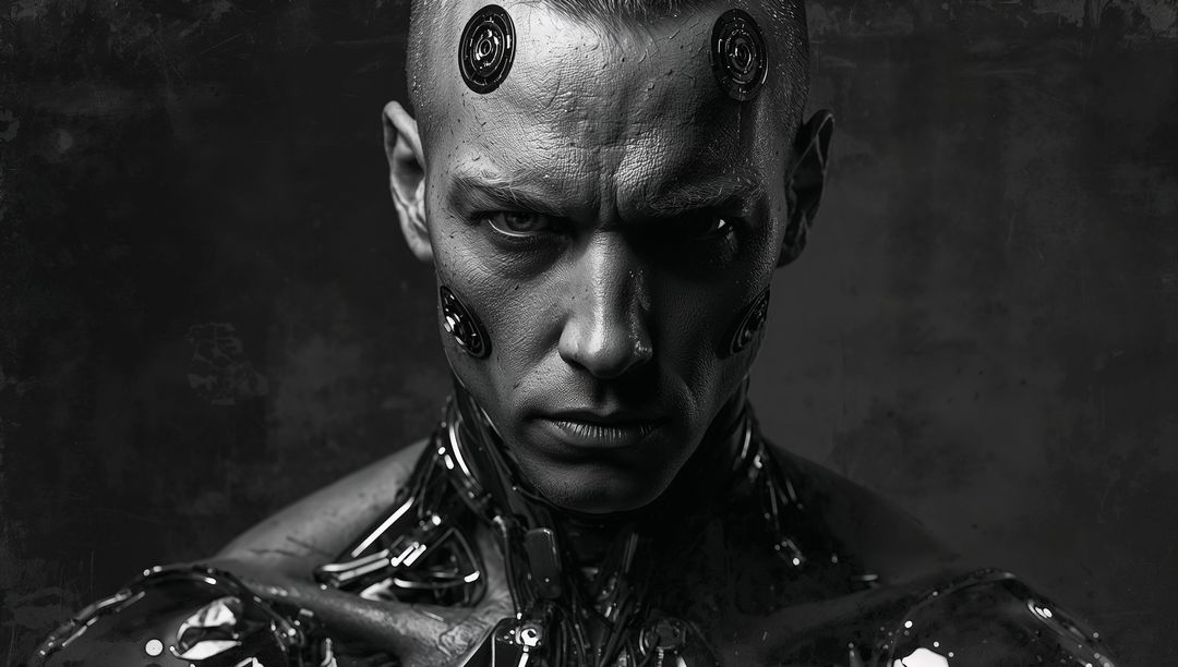 Staring male cyborg with glossy cybernetic implants and high-contrast studio lighting
