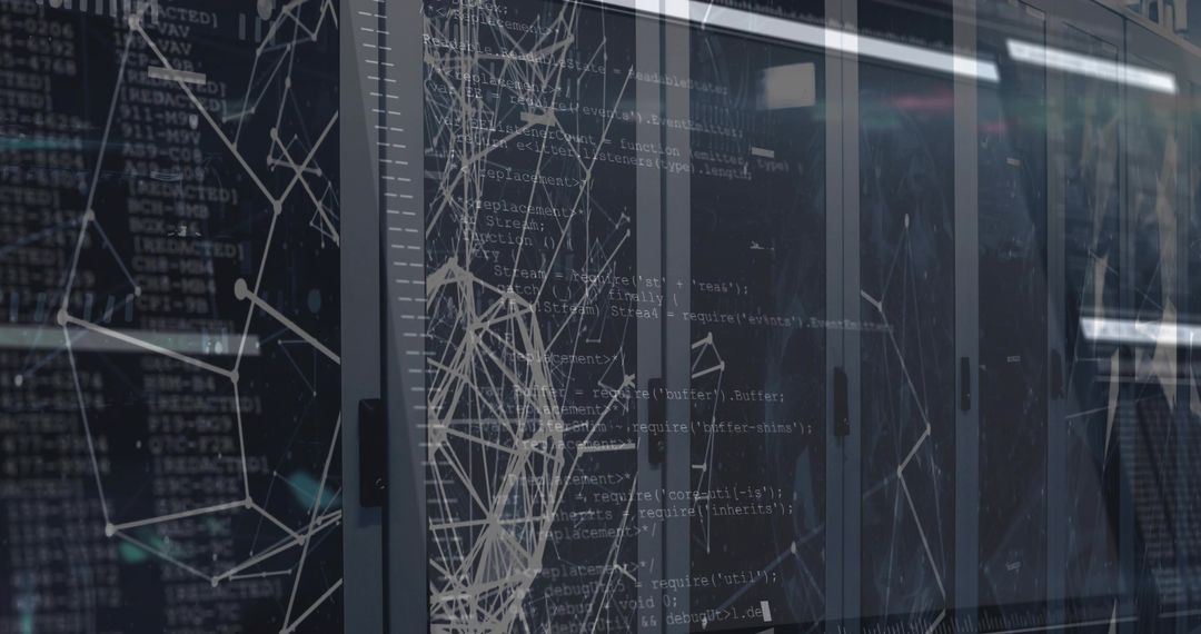 Server racks reflecting code overlays and network visualization in cool data center aisle